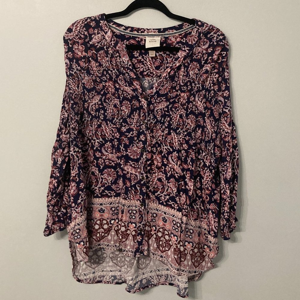 KNOX ROSE Shirt Size XXL Navy Pink Paisley Boho Hippie Fall Smocked Button Front